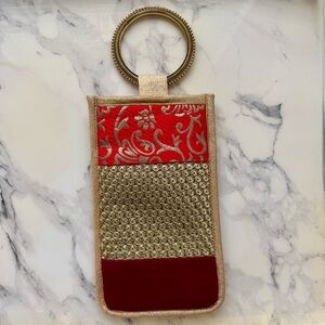 Red Floral Embroidered Velvet Wristlet phone or multipurpose Pouch